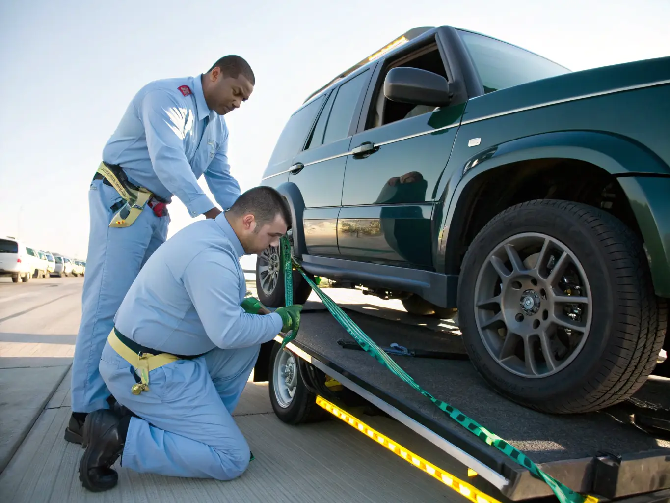 A professional team of logistics experts coordinating the safe loading of luxury vehicles onto a specialized transport carrier, symbolizing JLMmotorimport LLC's commitment to secure and efficient vehicle handling.