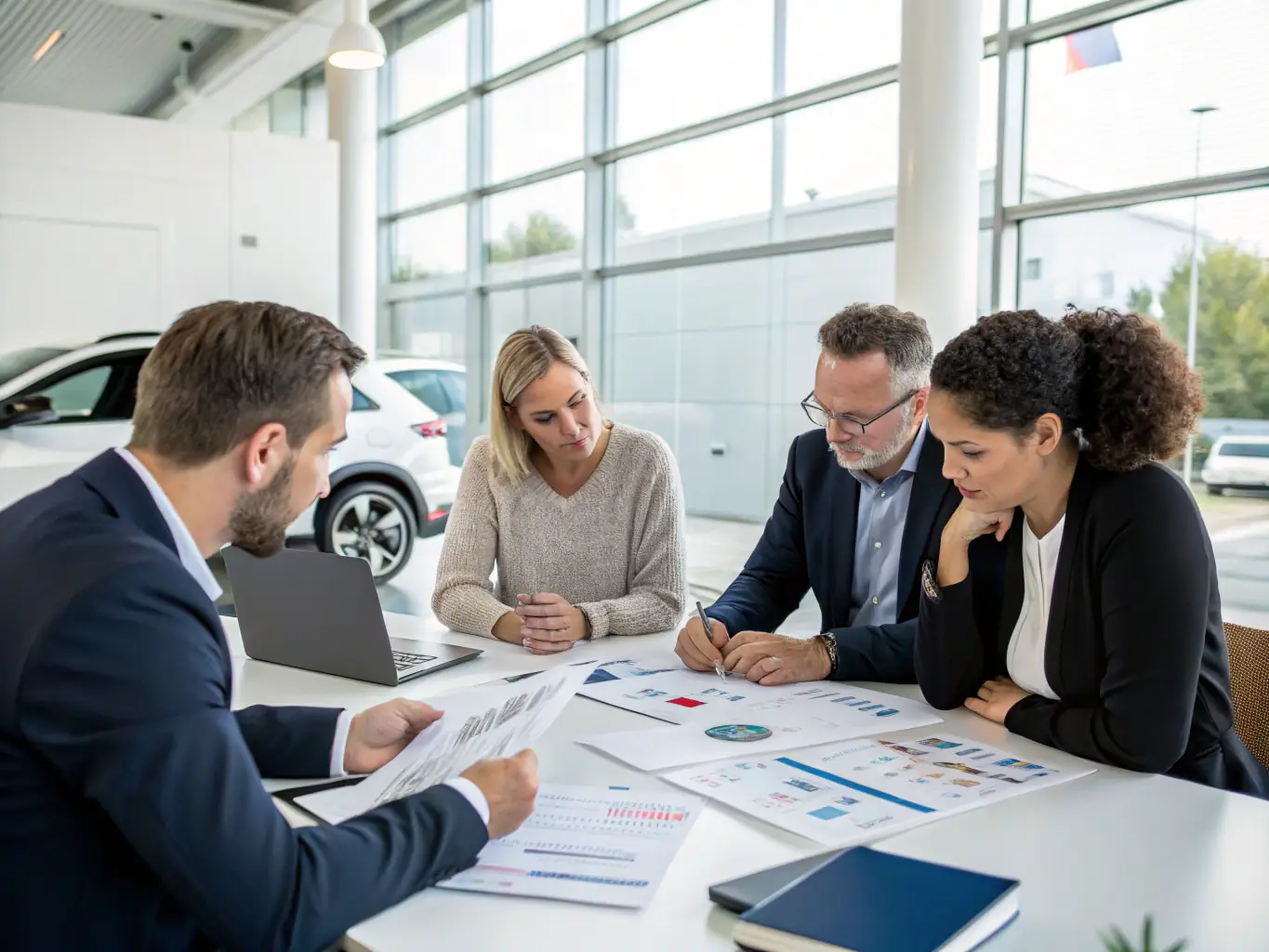 A diverse group of automotive industry professionals collaborating in a modern office setting, representing JLMmotorimport LLC's commitment to providing tailored solutions and expert advice.