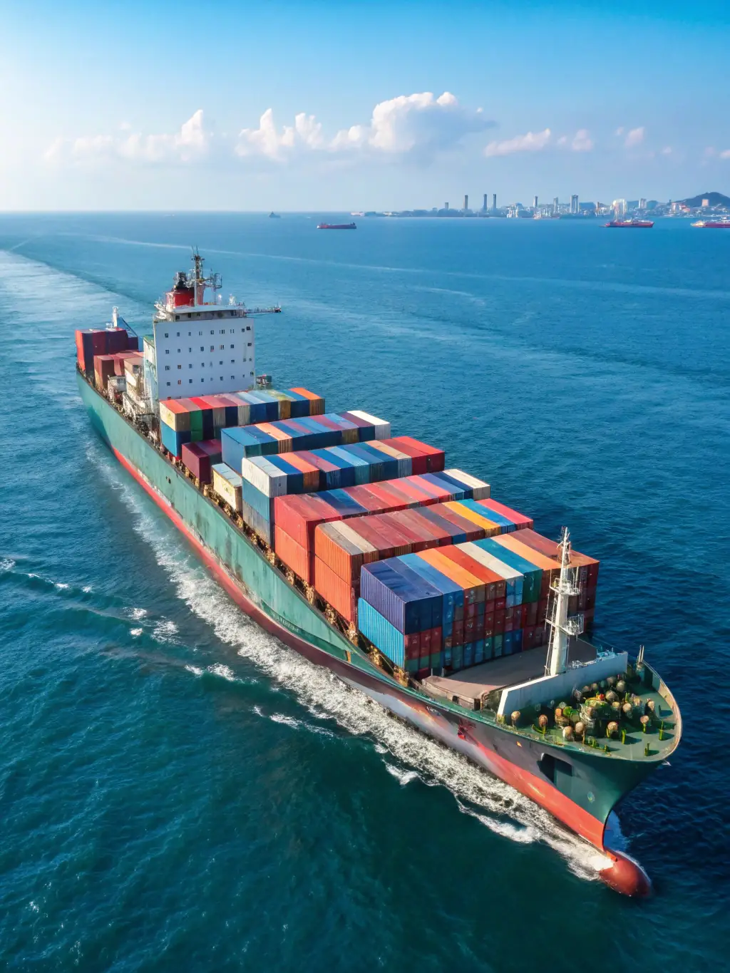 A modern car carrier ship sailing on a calm sea, loaded with various vehicles, symbolizing international vehicle transport for JLMmotorimport LLC.
